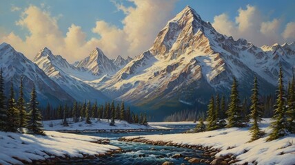 Fototapeta premium Snow-capped peaks oil painting