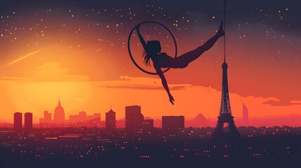 Aerialist Silhouette Against Paris Skyline at Sunset