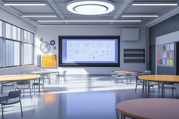 Modern classroom with interactive whiteboard and colorful desks