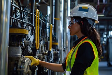 Female engineer inspecting machinery in an industrial plant. She’s wearing a hard hat and safety vest