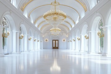 Fototapeta premium A majestic grand hall featuring crystal chandeliers, baroque details, and a royal color scheme