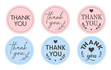 Thank you classic round stickers in pink and blue. Logo circle stamp set. Set labels and badges. Vector illustration. Round Template thank you logo for small business.