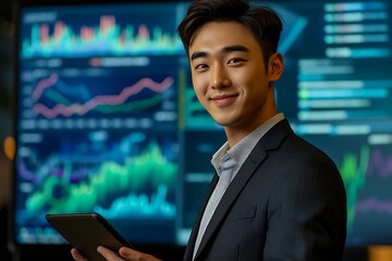 Fototapeta premium Confident Business Professional Analyzing Data Trends with Digital Tools and Technology