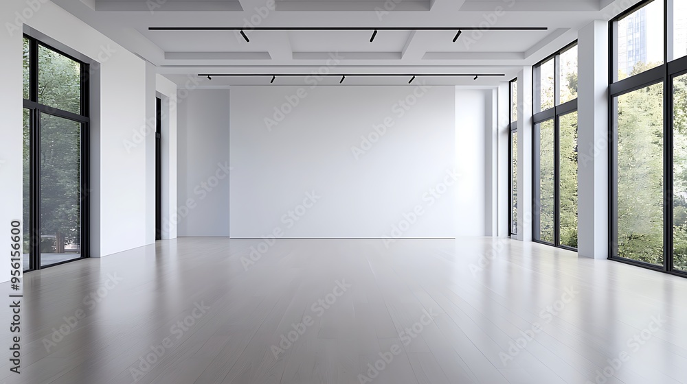 Poster bright and airy empty room with high ceilings and large windows in light gray color scheme