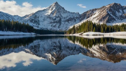 Snow-covered mountains lake reflection 