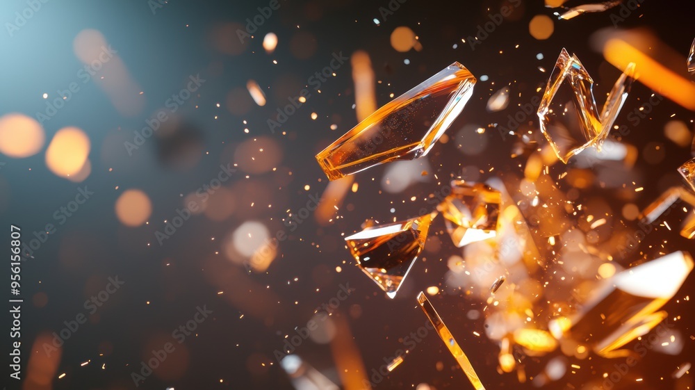 Poster an abstract close-up of shattered glass, capturing dynamic movement and vivid light reflections in v