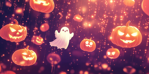 Fototapeta premium Whimsical Halloween background with jack-o’-lanterns and ghosts floating in twilight sky 