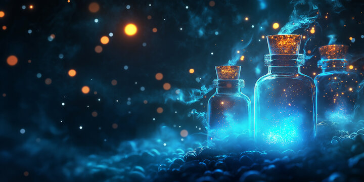 Glowing potion bottles with mist and stars, set against dark minimalist halloween backdrop
