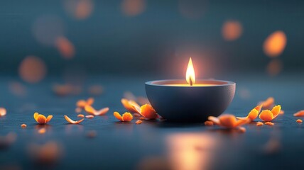 Diwali diya, surrounded by marigold petals, 3D illustration