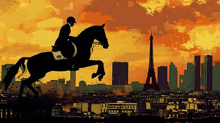 Equestrian Silhouette Against Paris Skyline