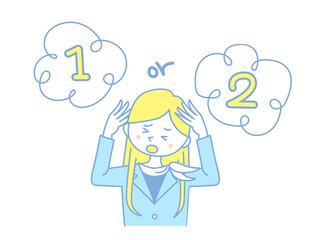 イラスト素材：どちらを選んだらいいのか悩み困った顔のビジネスウーマン
