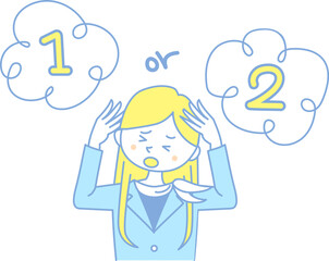 イラスト素材：どちらを選んだらいいのか悩み困った顔のビジネスウーマン