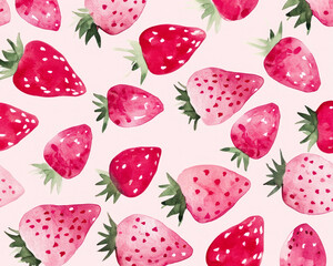 Strawberry Falling on pink background pattern, watercolor illustration. Fresh strawberry berry flying, creative minimal. Grocery product advertising, menu or package.