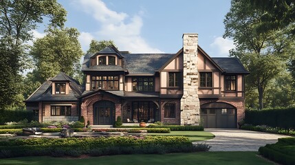 Elegant Tudor-Style House with Lush Landscaping