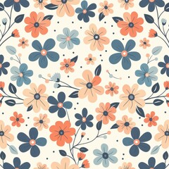 Seamless Floral Pattern with Blue, Peach and Coral Flowers on White Background