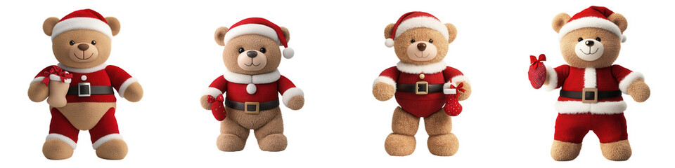 Adorable teddy bears in festive Santa costumes, perfect for holiday decorations and cheerful celebrations. isolated on a transparent background