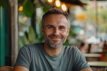Obraz premium Middle aged man enjoying lunch at outdoor cafe smiling at camera.