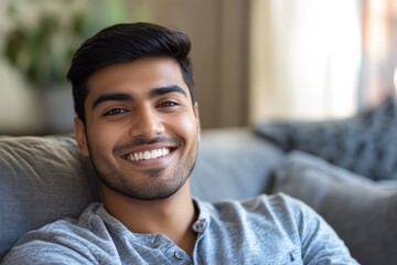 Happy mid adult man relaxing on sofa at home.