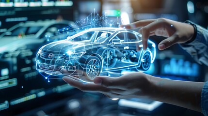 Hand holding digital model of car for Futuristic car innovation technology concept.