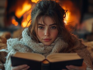 Woman reading book by fireplace