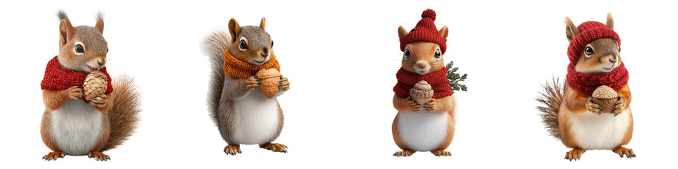 Cute cartoon squirrels in winter attire, showcasing playful poses and vibrant colors, perfect for seasonal themes and designs. isolated on a transparent background