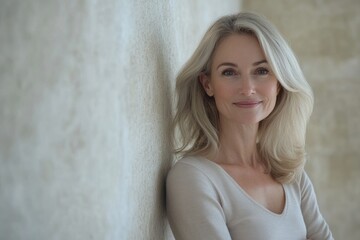 Naklejka premium Middle aged blond woman with beautiful smile against receding wall.