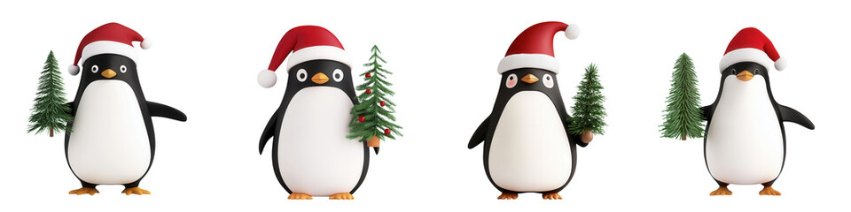 Fototapeta premium Four festive penguins wearing Santa hats, each holding a tiny Christmas tree, perfect for holiday-themed designs and decorations. isolated on a transparent background
