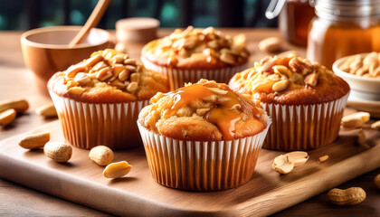 Peanut Muffins: Fluffy peanut muffins with a drizzle of honey, presented on a wooden board