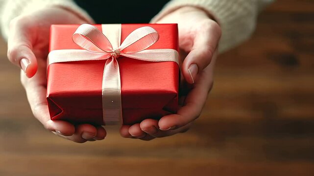 pecial moment where hands are presenting a beautifully wrapped red gift box adorned with a satin ribbon, emphasizing the warmth and thoughtfulness of giving