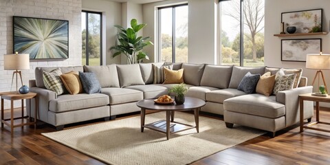 Obraz premium The modern four-piece sectional sofa takes center stage in the living room, surrounded by rich jewel-toned throw