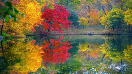 Naklejka premium Fall colors reflected in a park pond, with the trees' vibrant leaves creating a mirror image on the still water