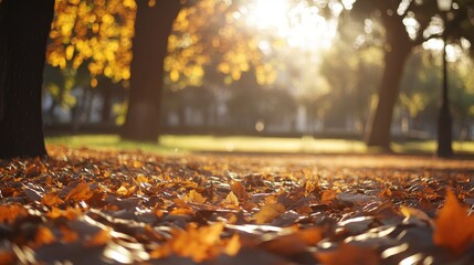 Orange leaves rustling in the breeze in a peaceful park, with sunlight filtering through the branches