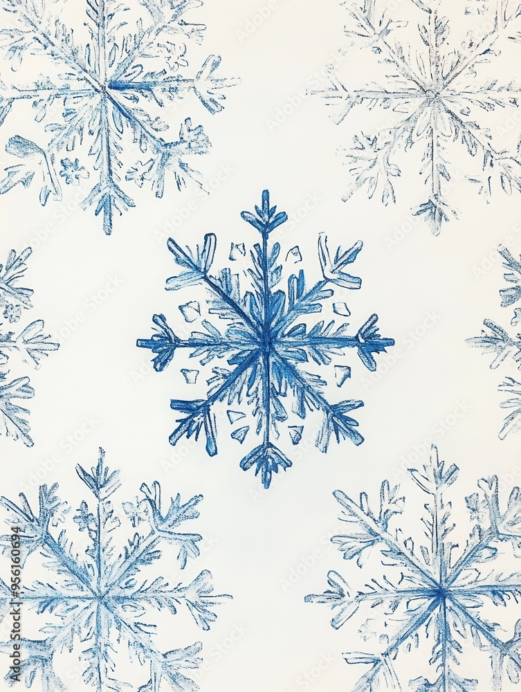 Poster Intricate snowflakes in varying shades of blue create a captivating abstract pattern, evoking the serene beauty of a winter wonderland. Generative AI