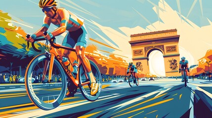 Fototapeta premium A cyclist sprinting to the finish line, with the Champs- lys es and Arc de Triomphe as backdrop, illustrated in modern vector style.