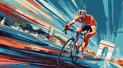 A cyclist sprinting to the finish line, with the Champs- lys es and Arc de Triomphe as backdrop, illustrated in modern vector style.