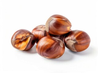 Close-up of chestnuts isolated on white background. Generated by AI.