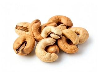 Close-up of handful of cashew nuts isolated on white background. Generated by AI.