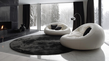 Simple black and white living room with modern furniture.