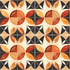 Abstract Geometric Tile Pattern in Orange, Black and Cream Colors