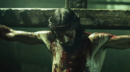 Jesus Christ on the cross, detailed religious symbolism, somber atmosphere