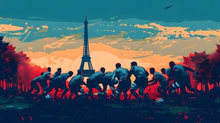 A rugby team in a scrum, with the Eiffel Tower in the distance, rendered in minimalist vector design.