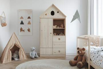 Wooden toys and children's furniture arranged in an open-plan children's bedroom with white walls, Scandinavian-style decor and a wooden playhouse