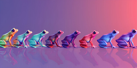 frogs with different colors and patterns, arranged in a row and fading from left to right.