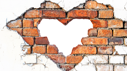 Heart-Shaped Hole in Crumbling Brick Wall with Exposed Red Bricks on Transparent Background - Symbol of Love, Resilience, and Urban Decay