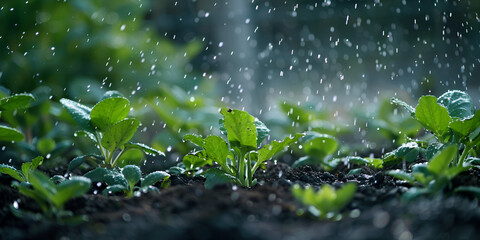  blurred background reveals a gloomy rainy day. The trees and bushes in the foreground are dotted with raindrops