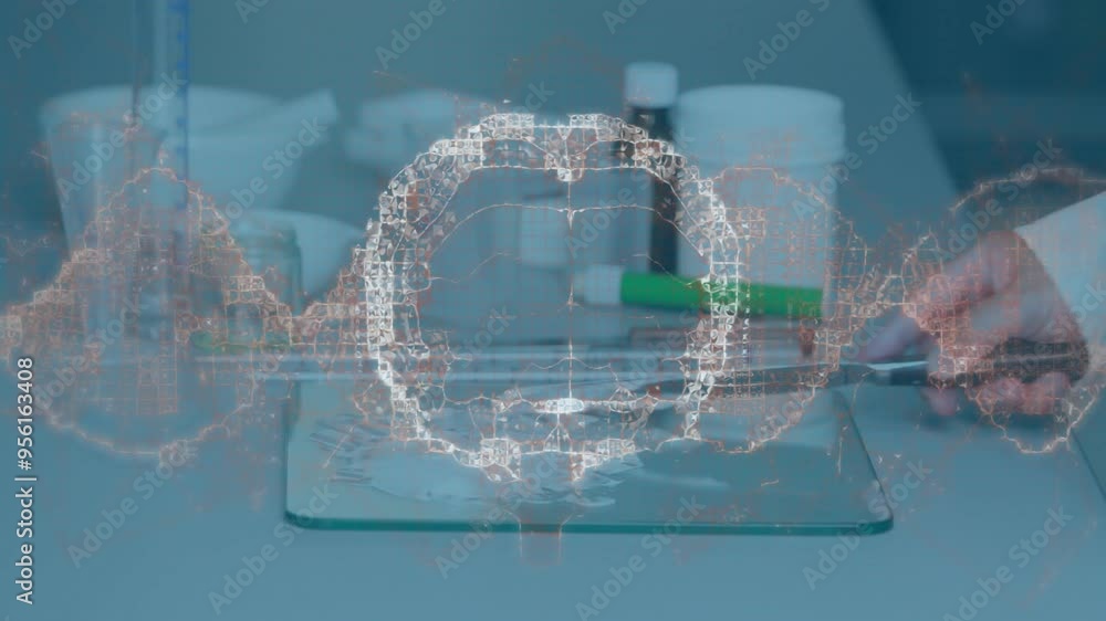 Aufkleber dna strand and molecular structure animation over scientist working in laboratory