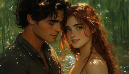 Fototapeta premium Couple in love in the forest. fantasy
