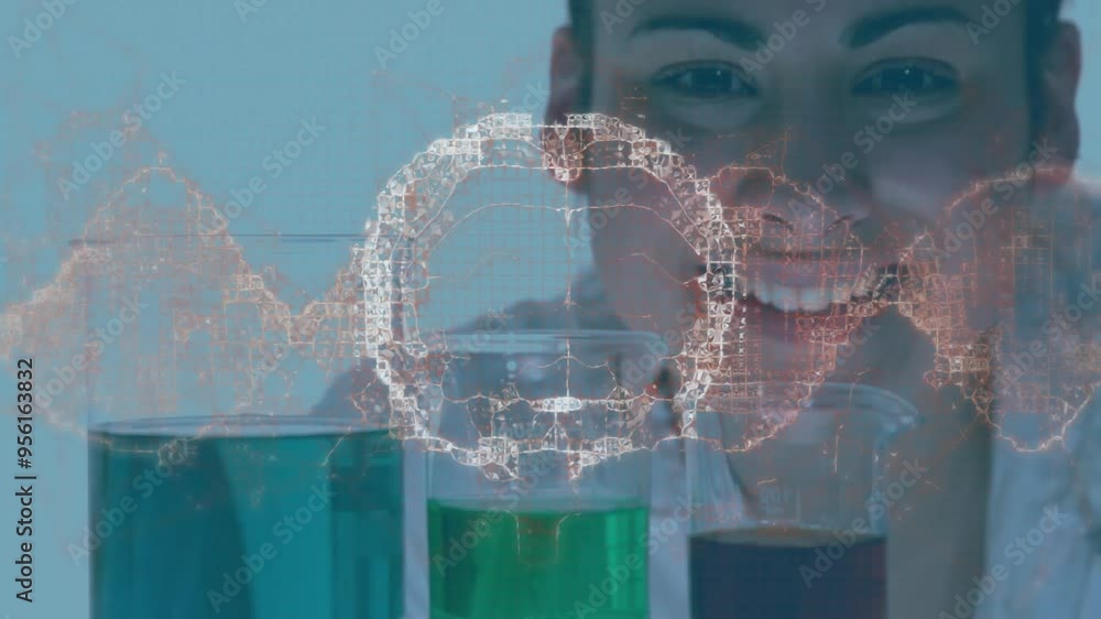 Poster smiling scientist with beakers and dna strand animation