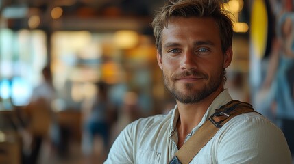 Fototapeta premium Handsome Young Man with Beard in Cafe Looking at Camera