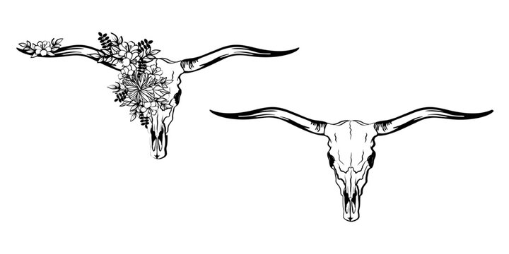 Long Horn Cow | Skull Cow Head | Floral Cow Head | 2 Skull Cow Head | Bull | Long Horn Head Skull | Cow | Relationship Goal | Original Illustration | Vector and Clipart | Cutfile and Stencil